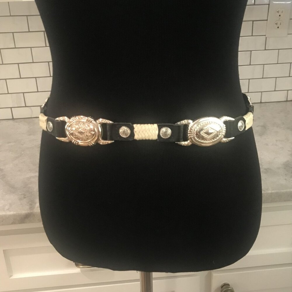 Vintage Western Concho Belt Womens 30 Black Cowhide Made USA 90s Rhinestone